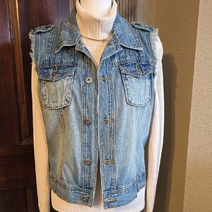 Chic Distressed Denim Vest with Cream Inset Sweater Back
